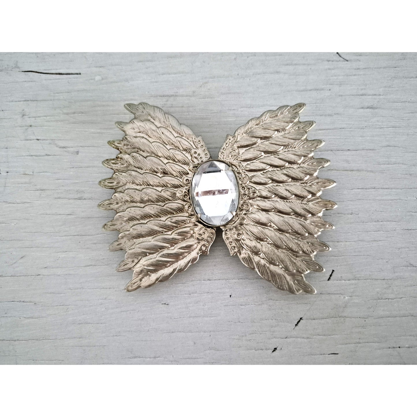 Vintage Silver Tone Angel Wing Rhinestone Belt Buckle
