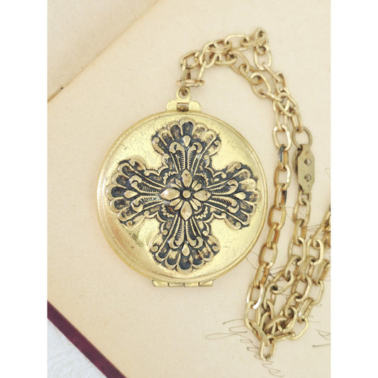 Antique Victorian Floral Etched Maltese Cross Gold Filled Locket Necklace