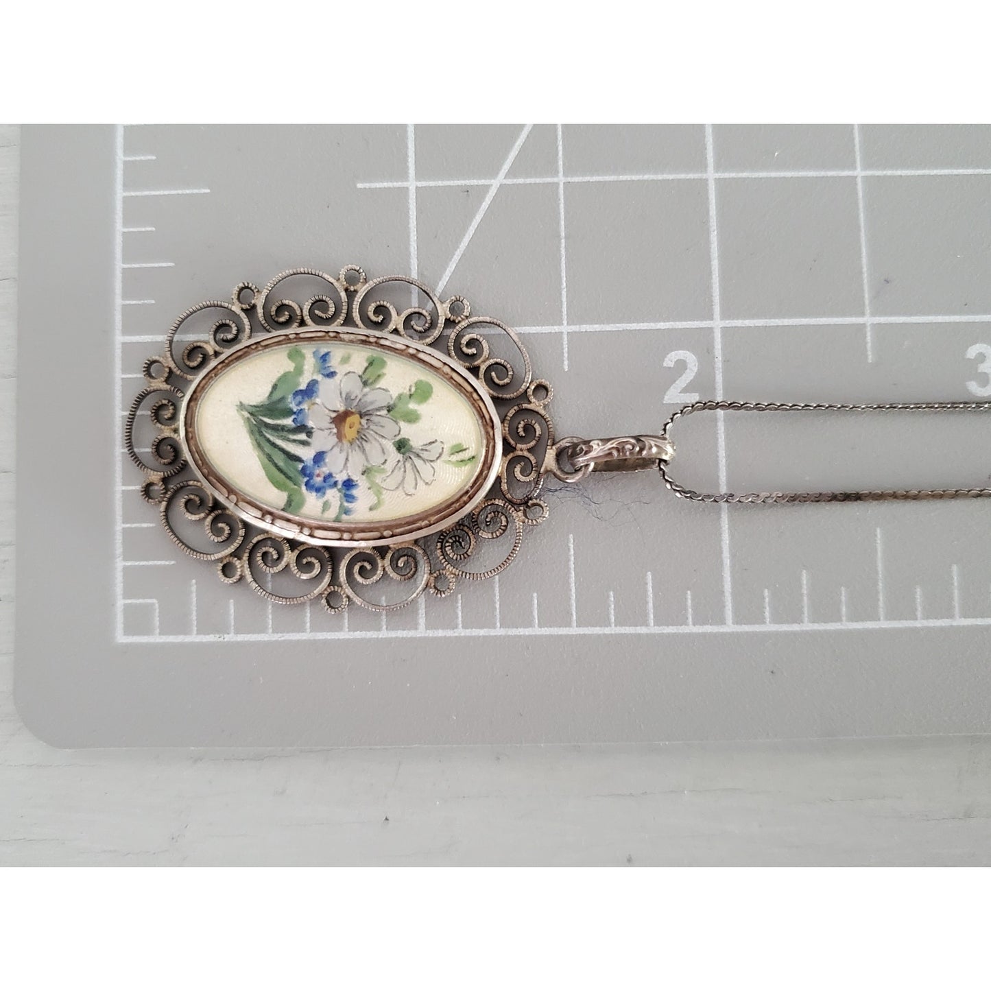 Vintage Sterling Silver Porcelain Floral Pendant Necklace