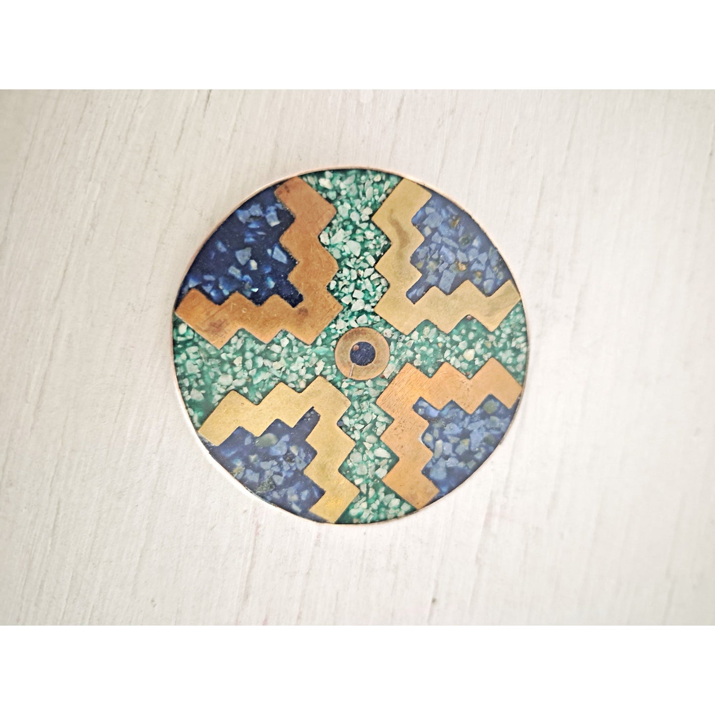 Vintage Sterling Silver Crushed Turquoise Blue, Azul & Malachite Mosaic Brooch