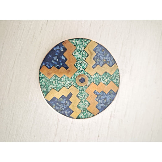 Vintage Sterling Silver Crushed Turquoise Blue, Azul & Malachite Mosaic Brooch