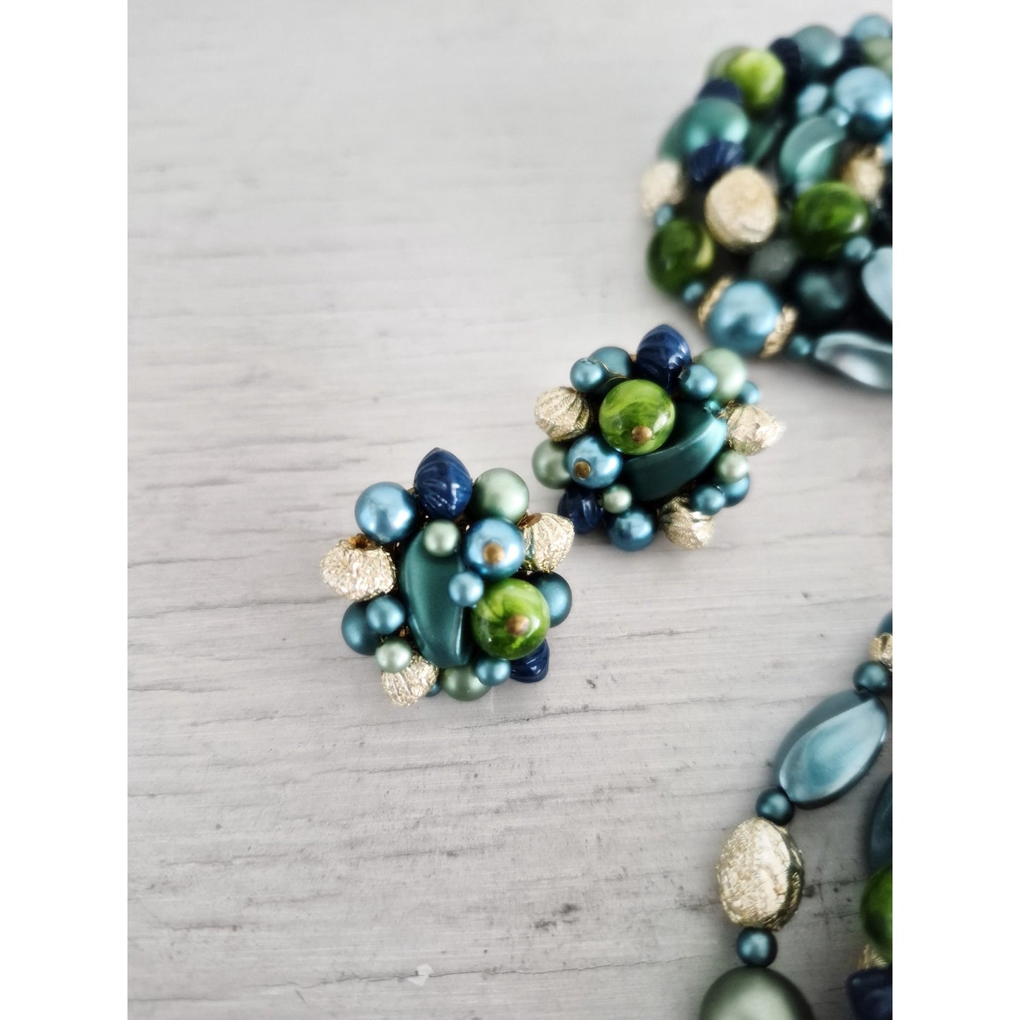 Vintage Japan Blue Green Acrylic Multi-strand Beaded Necklace and Earring Set