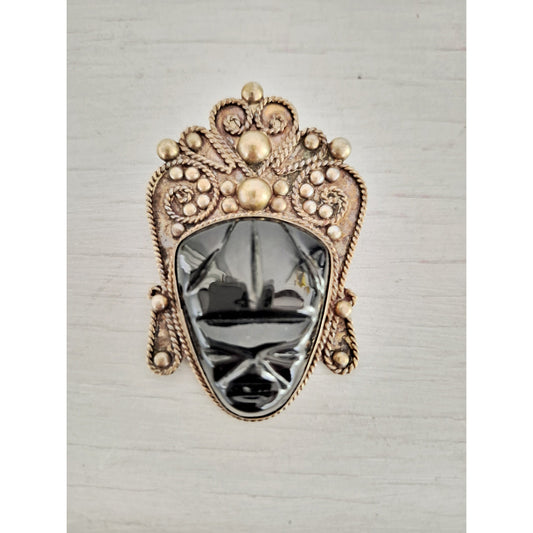 Vintage Mexican Sterling Silver Black Onyx Carved Face Mask Brooch Pin