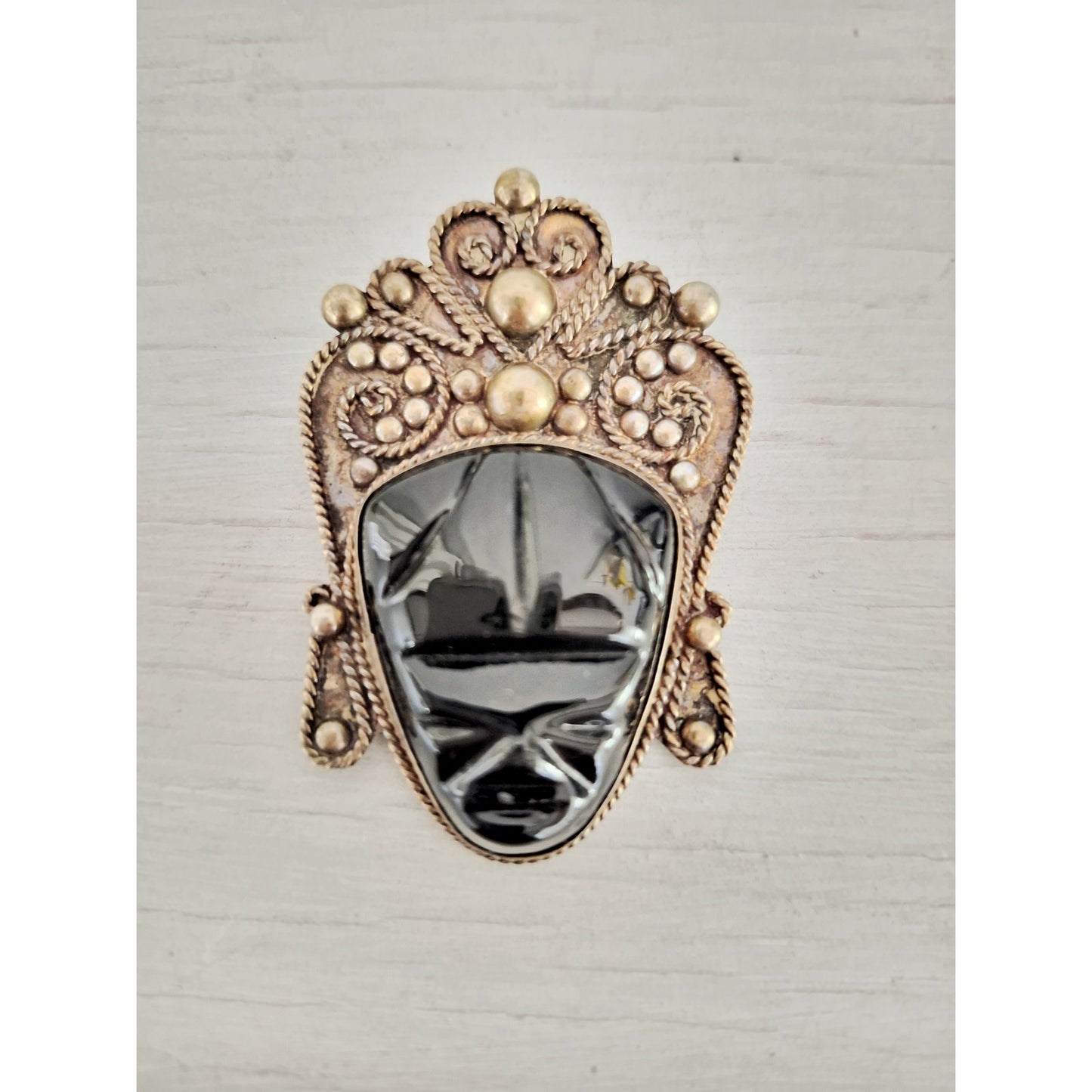 Vintage Mexican Sterling Silver Black Onyx Carved Face Mask Brooch Pin