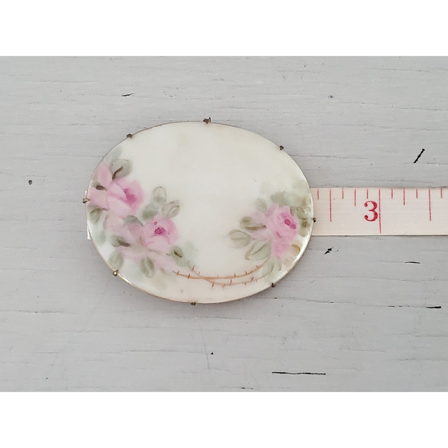 Antique Hand Painted Pink Oval Rose Brooch