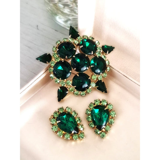 Vintage Juliana Delizza & Elster Emerald Green Rhinestone Brooch and Earring Set