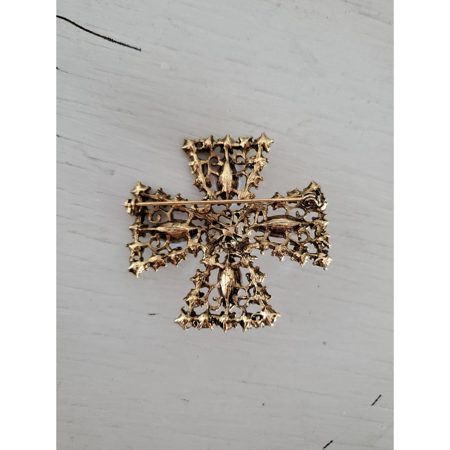 Vintage Large Pink and Clear Rhinestone Maltese Cross Brooch