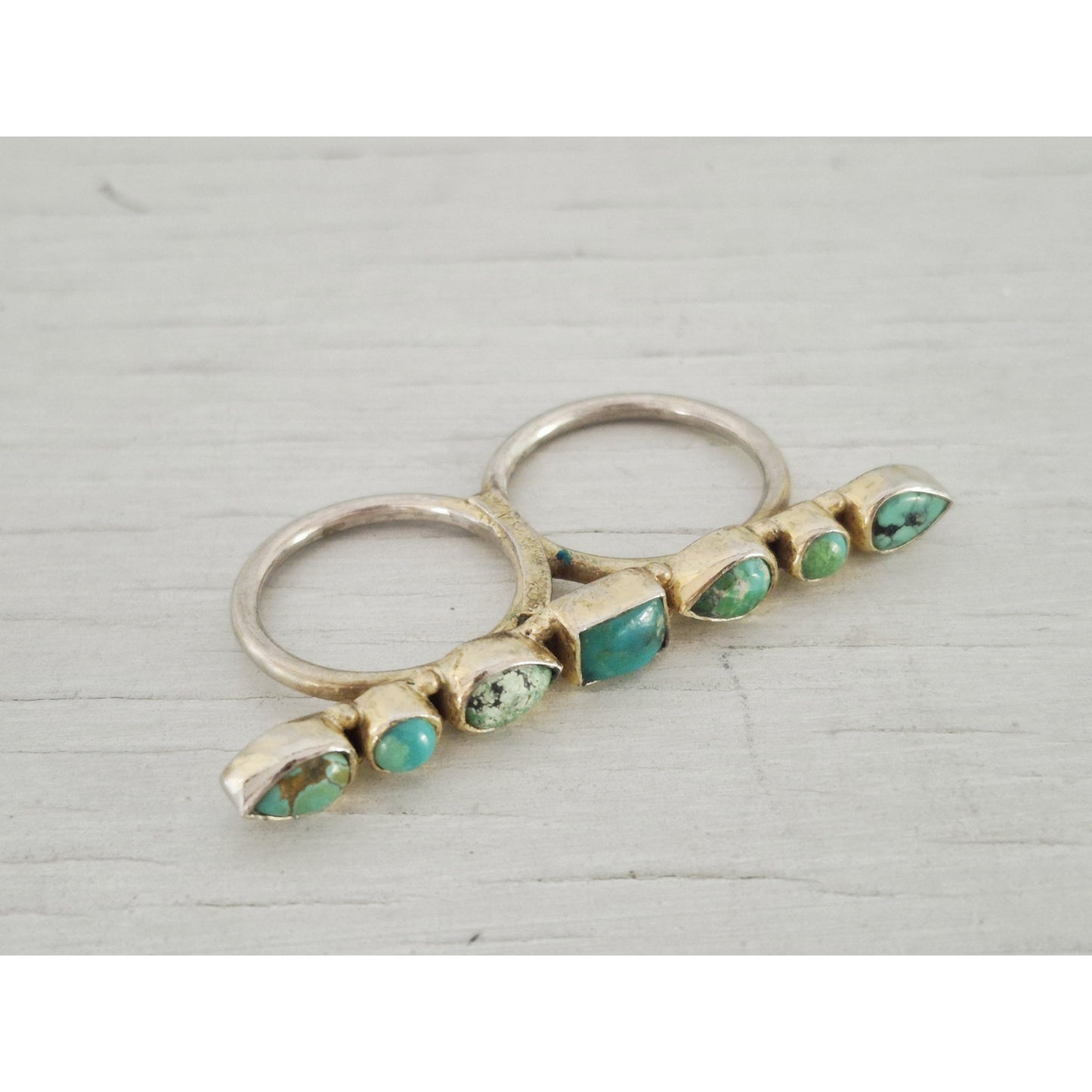 Vintage Southwestern Natural Turquoise Sterling Silver Vermeil Double Ring