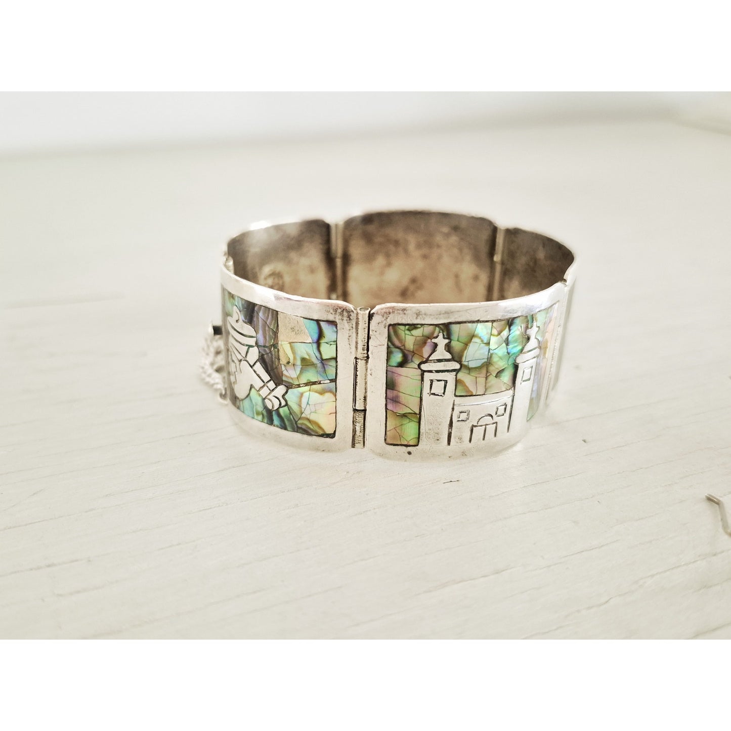 Vintage Sterling Silver Abalone Storyteller Panel Bracelet and Earring Set