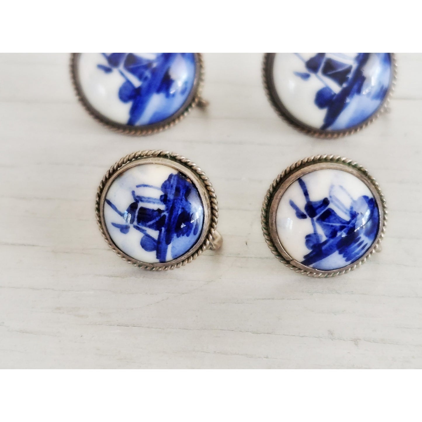 Vintage Delft Dutch Blue White Porcelain Sterling Silver Screw-on Earrings Lot