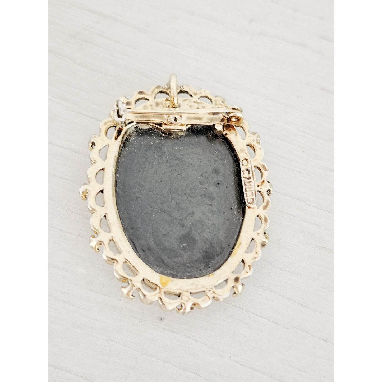 Vintage Gerrys Black and White Floral Resin Cameo Brooch