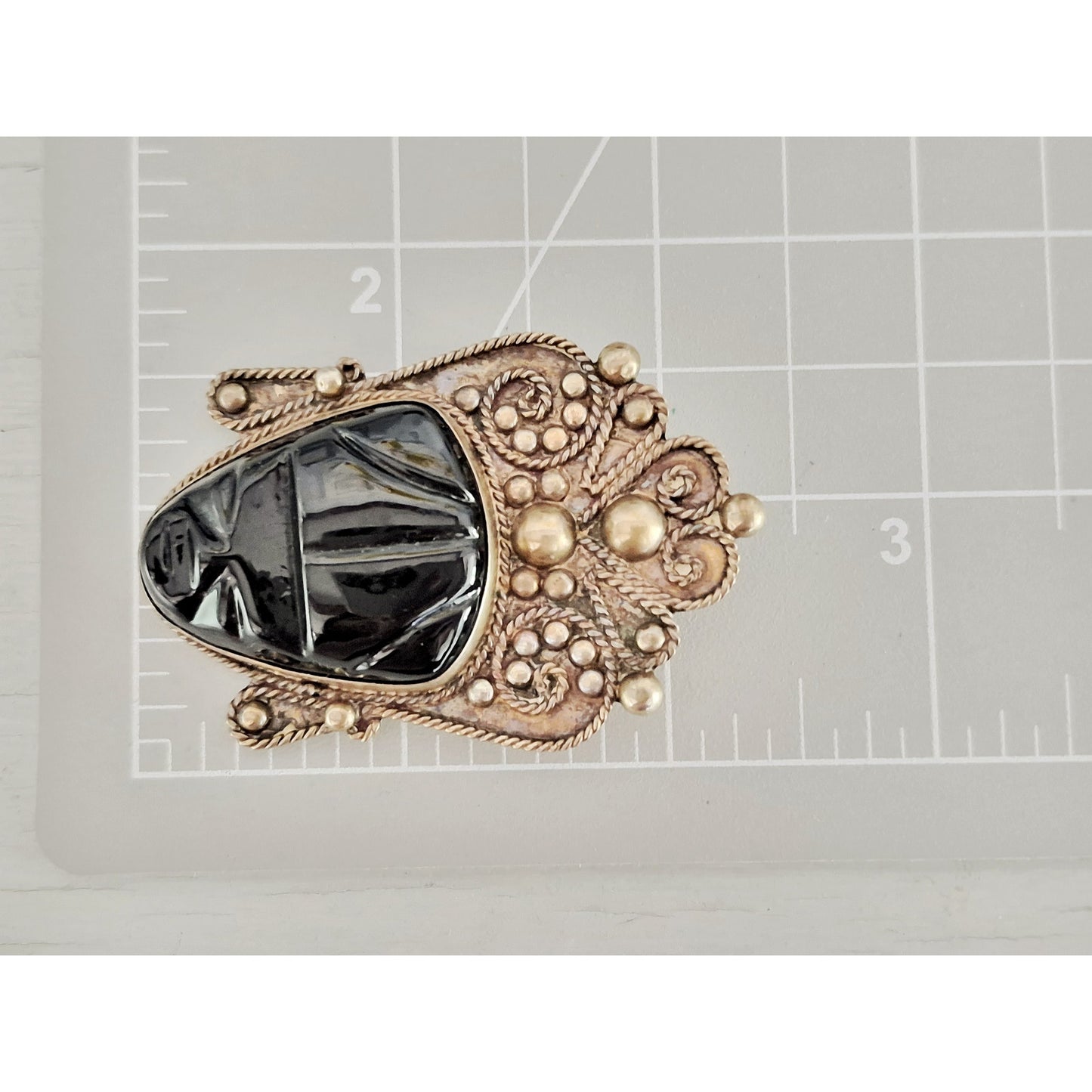 Vintage Mexican Sterling Silver Black Onyx Carved Face Mask Brooch Pin