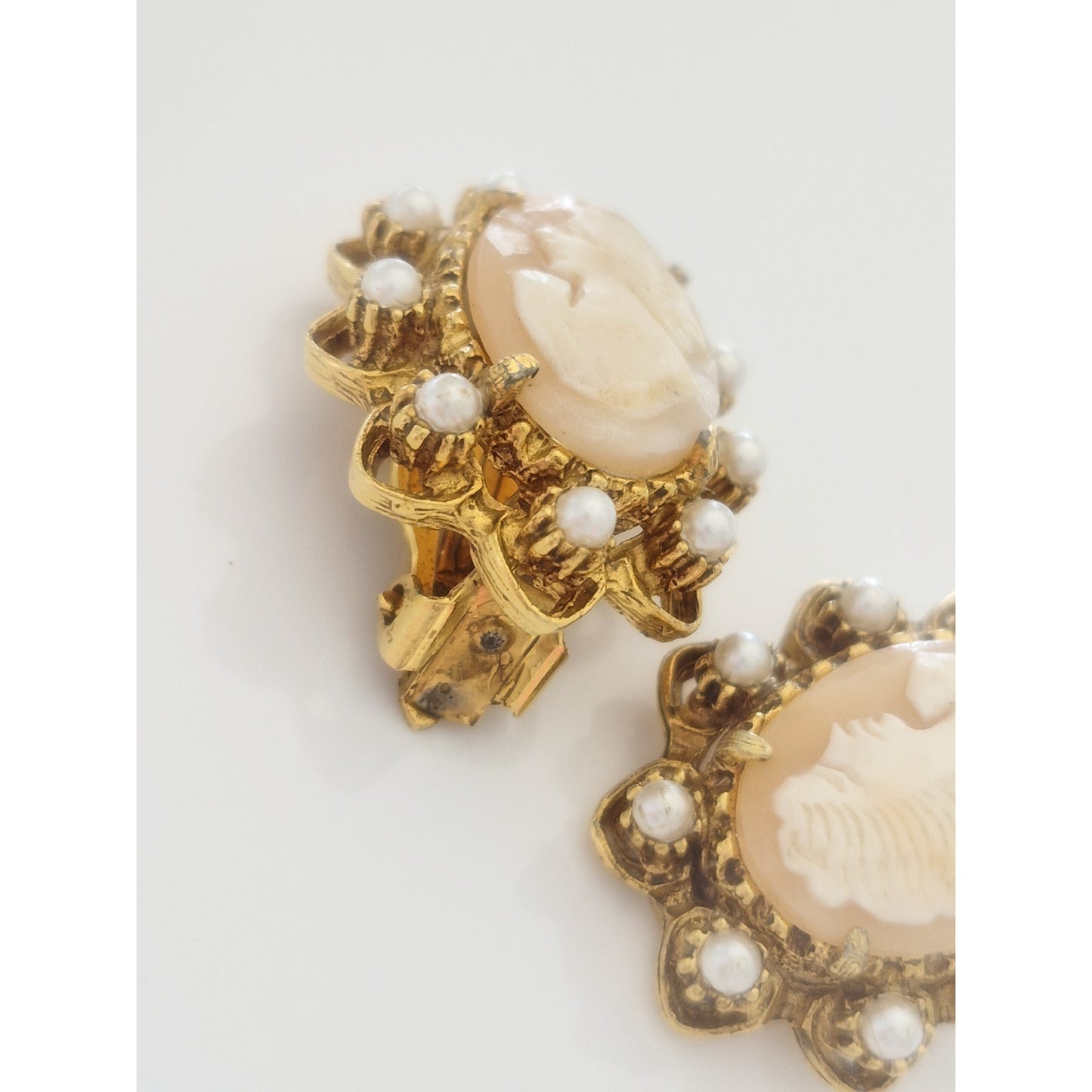 Vintage MCM Pearl Halo Victorian Lady Cameo Earrings