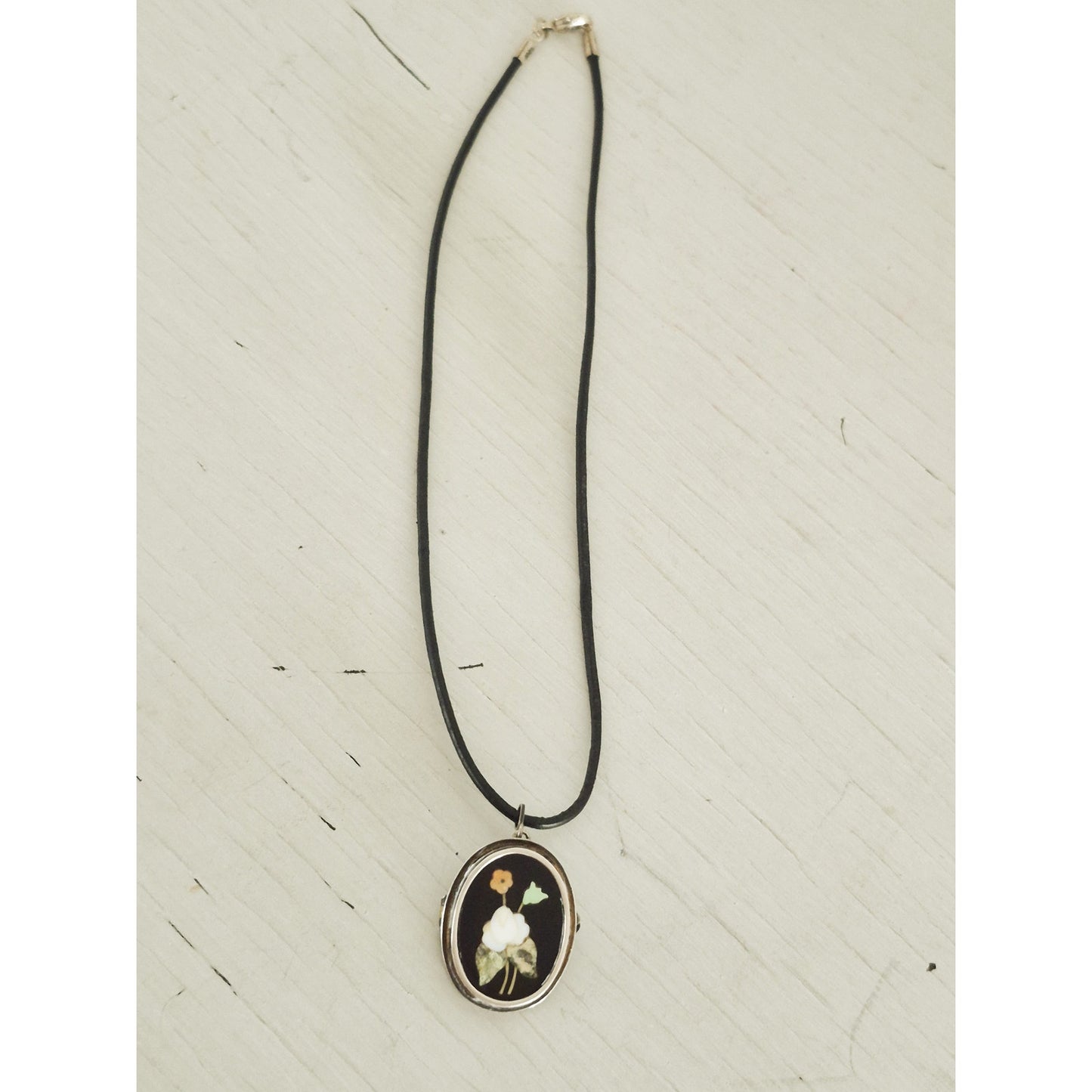 Antique 800 Silver Pietra Dura Mosaic Inlaid Stone Pendant Brooch Necklace