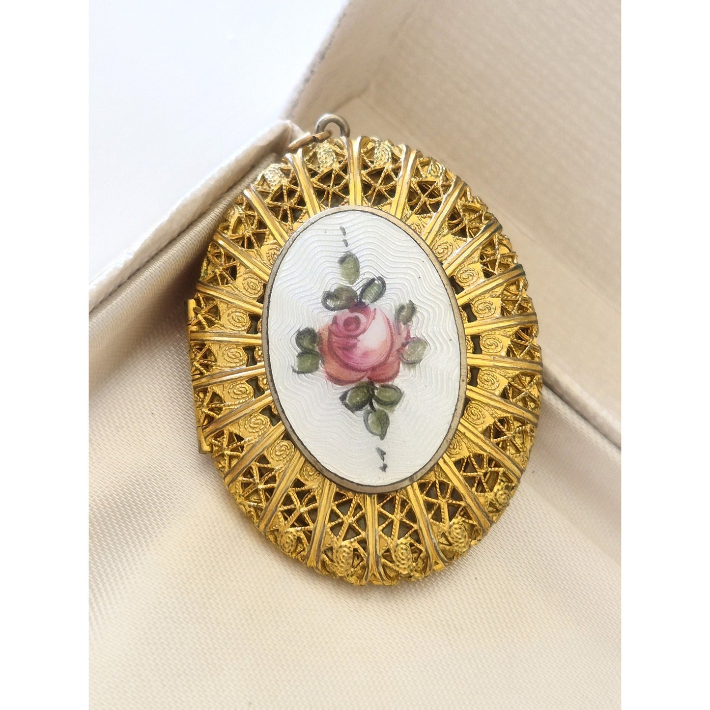 Antique Gold Tone Filigree Guilloche Enamel Photo Locket Pendant