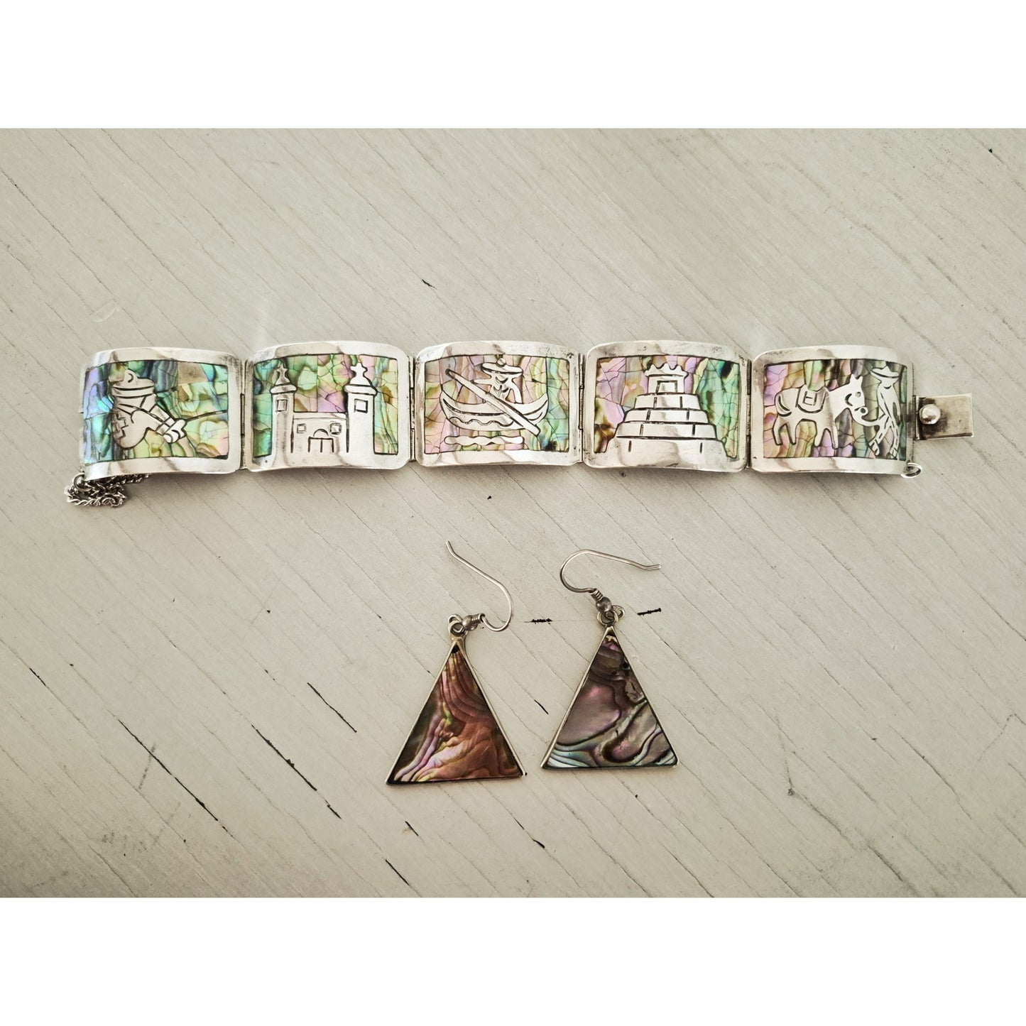 Vintage Sterling Silver Abalone Storyteller Panel Bracelet and Earring Set