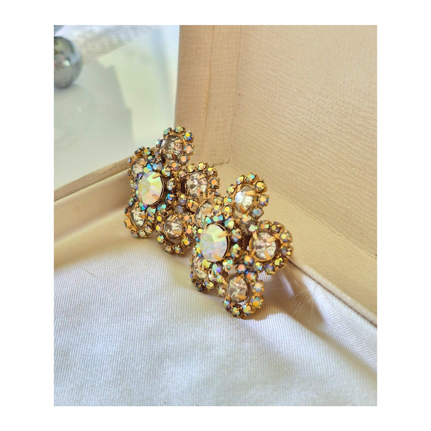 Vintage 1950s AB Rhinestone Flower Clip On Style Earrings