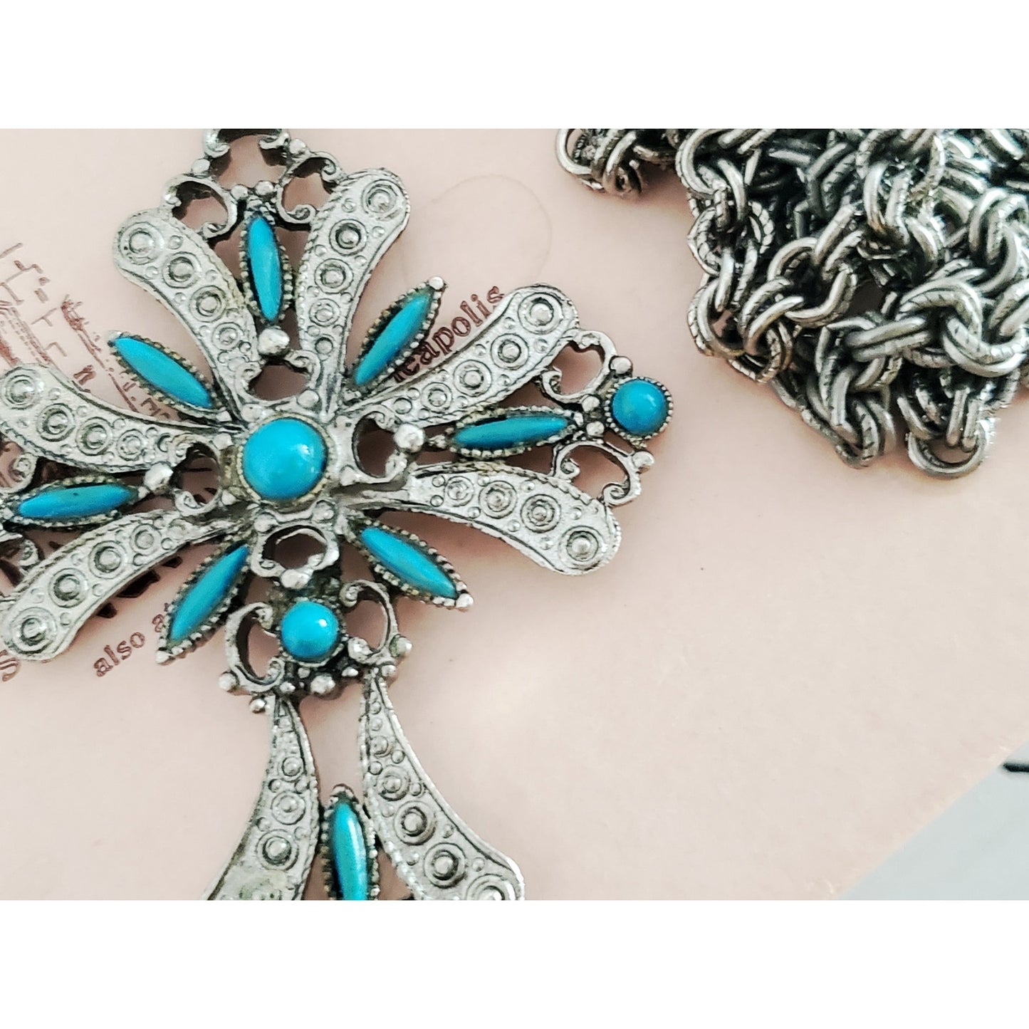 Vintage Silver-tone Faux Turquoise Cross Necklace