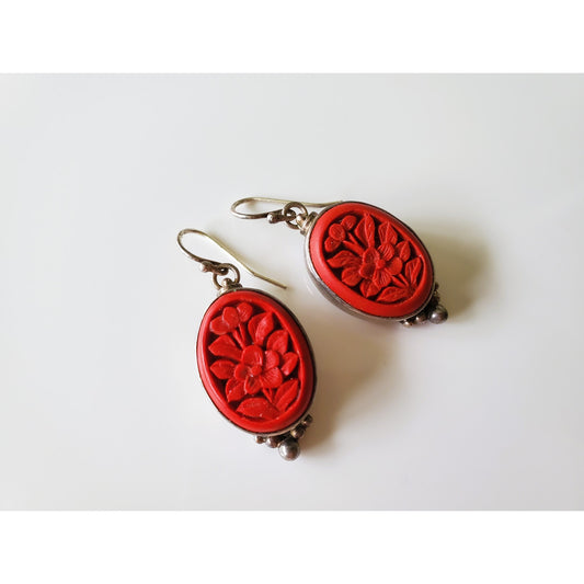 Vintage Sterling Silver Cinnabar Red Dangle Earrings