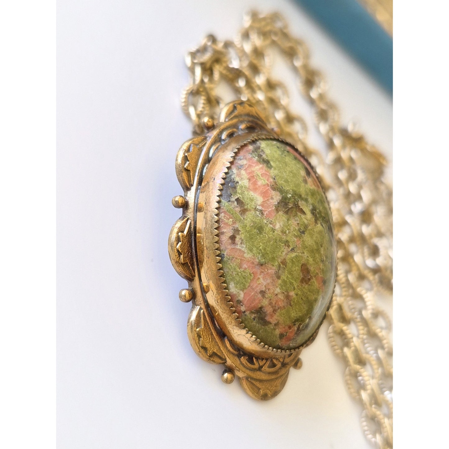 Vintage Unakite Oval Halo Pendant Necklace