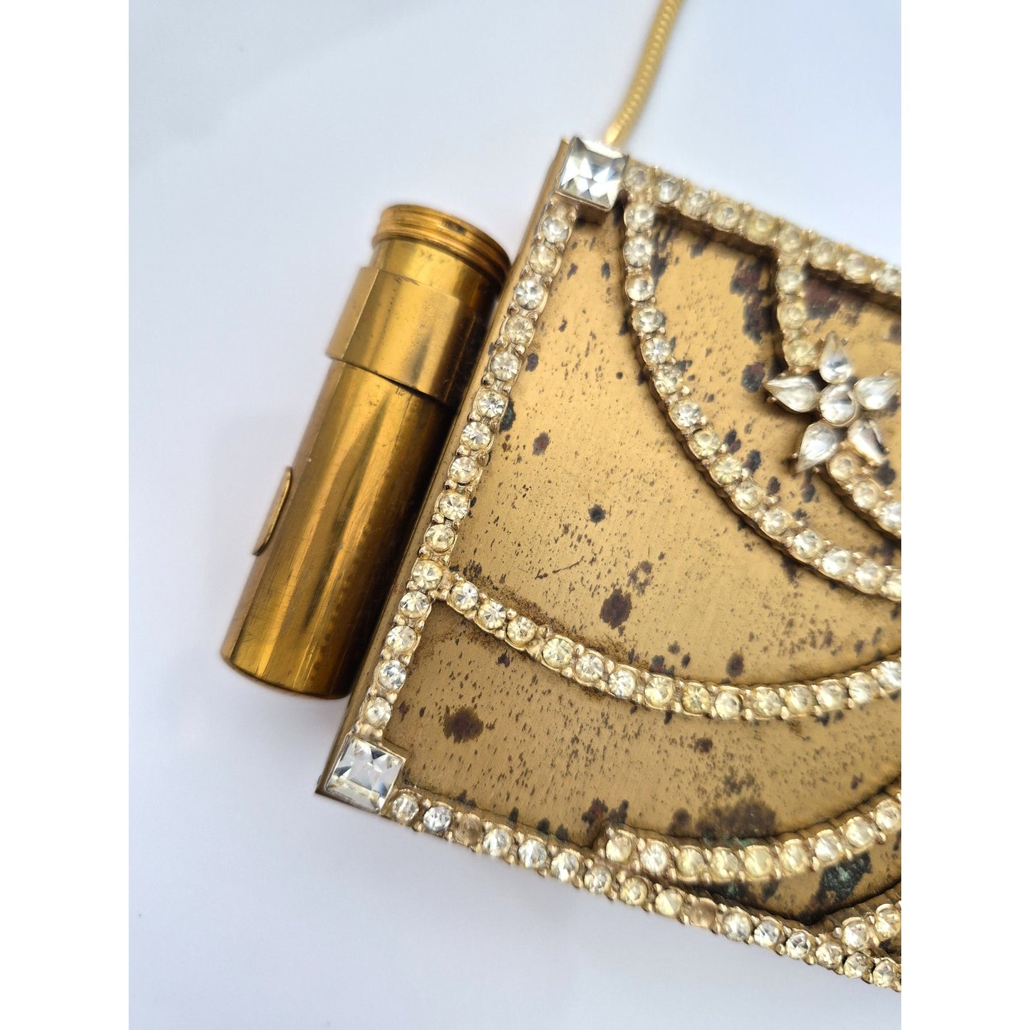 Vintage 1940s Gold-tone Rhinestone Compact Lipstick and Cigarette Case Purse