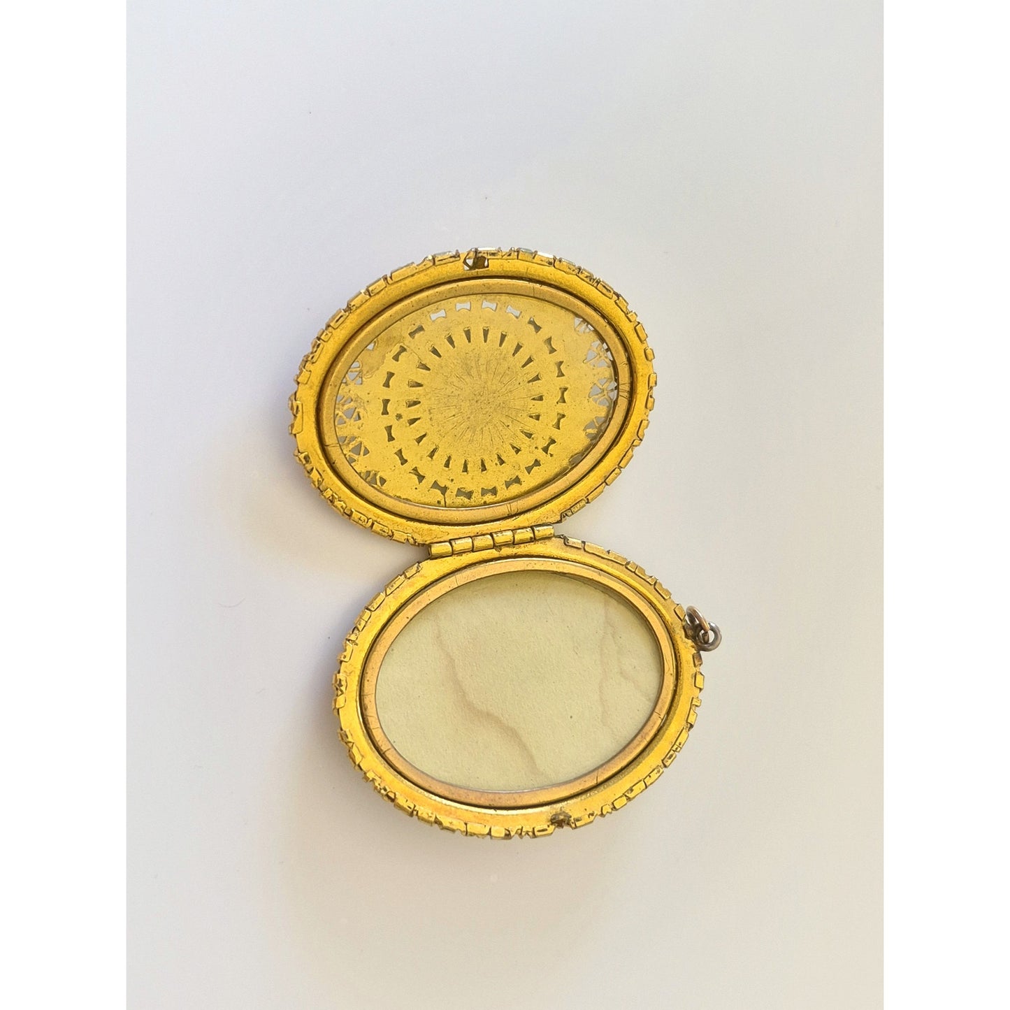 Antique Gold Tone Filigree Guilloche Enamel Photo Locket Pendant