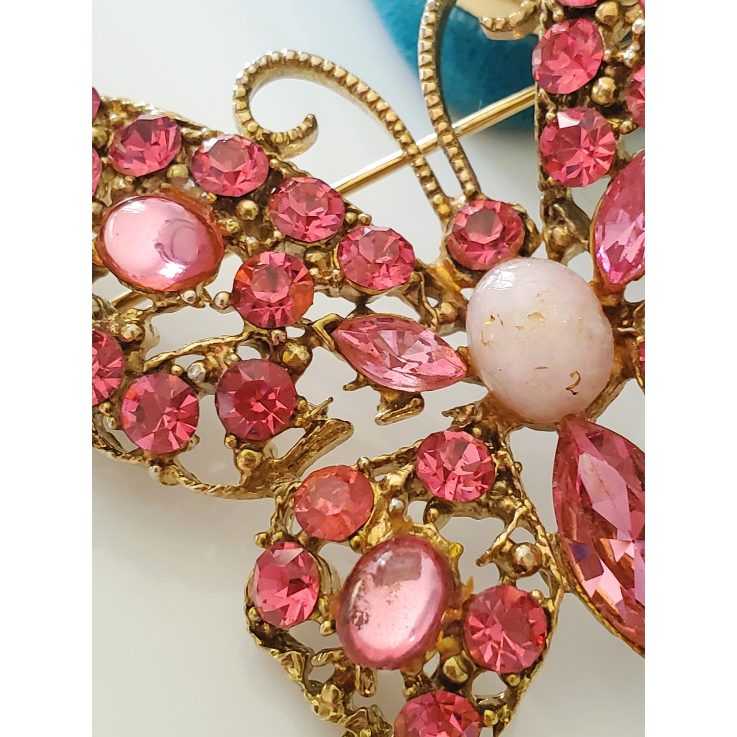 Vintage Pink Rhinestone and Gold Tone Butterfly Brooch