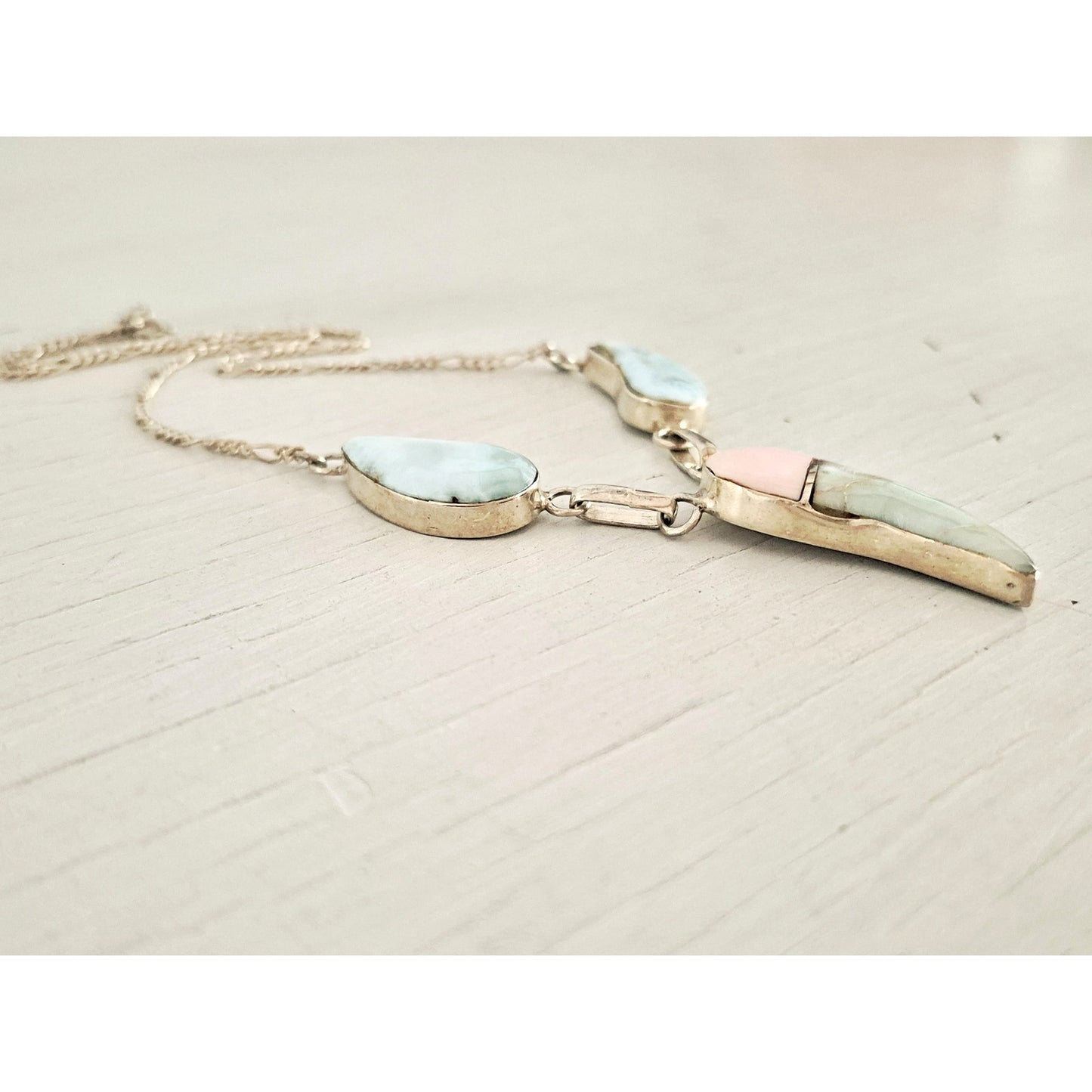 Vintage Larimar Pastel Stone Sterling Silver Figaro Choker Necklace
