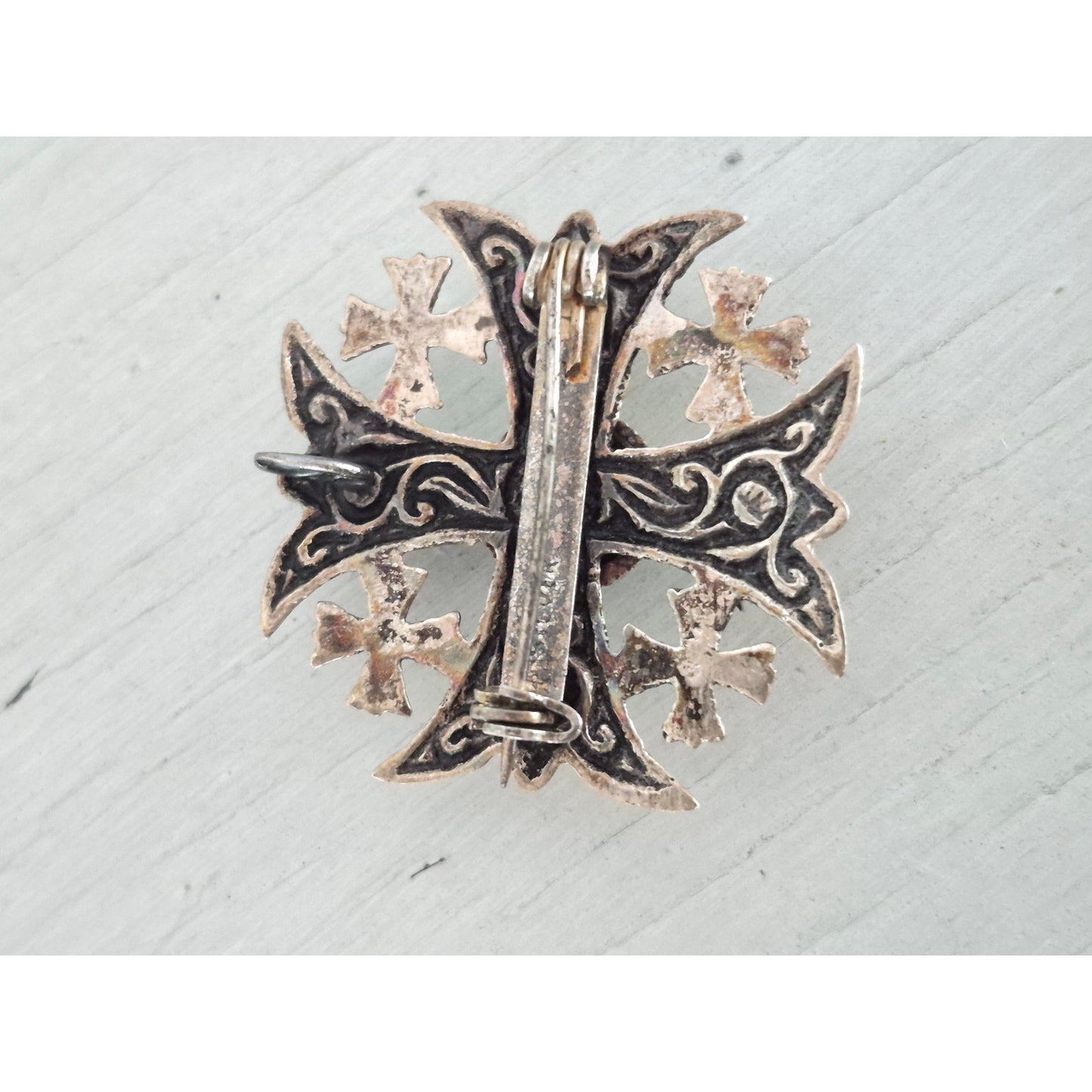 Vintage Silver Purple Stone Maltese Cross Brooch Pendant