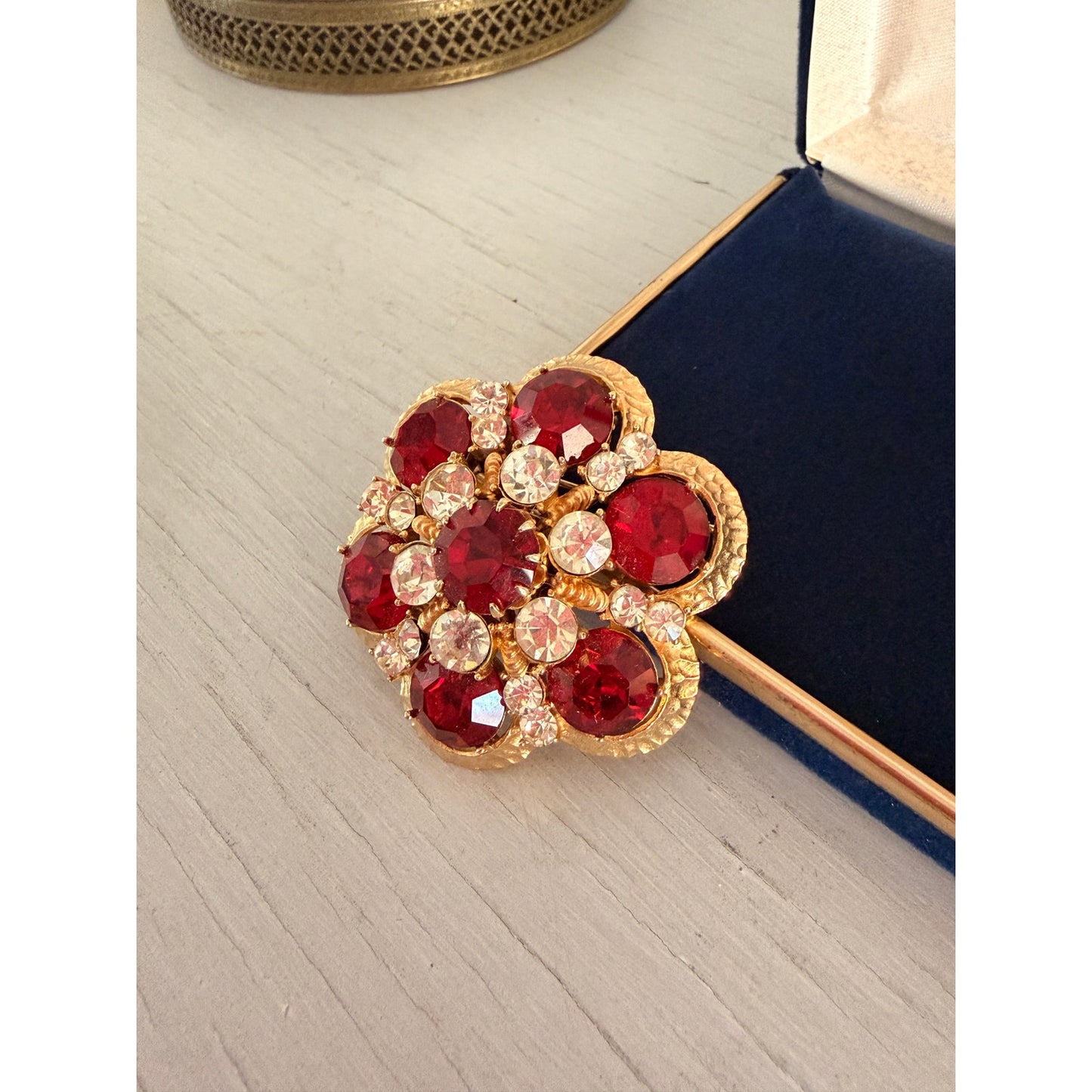 Vintage Ruby Red Clear Crystal Floral Dome Francois Designer Brooch Pendant