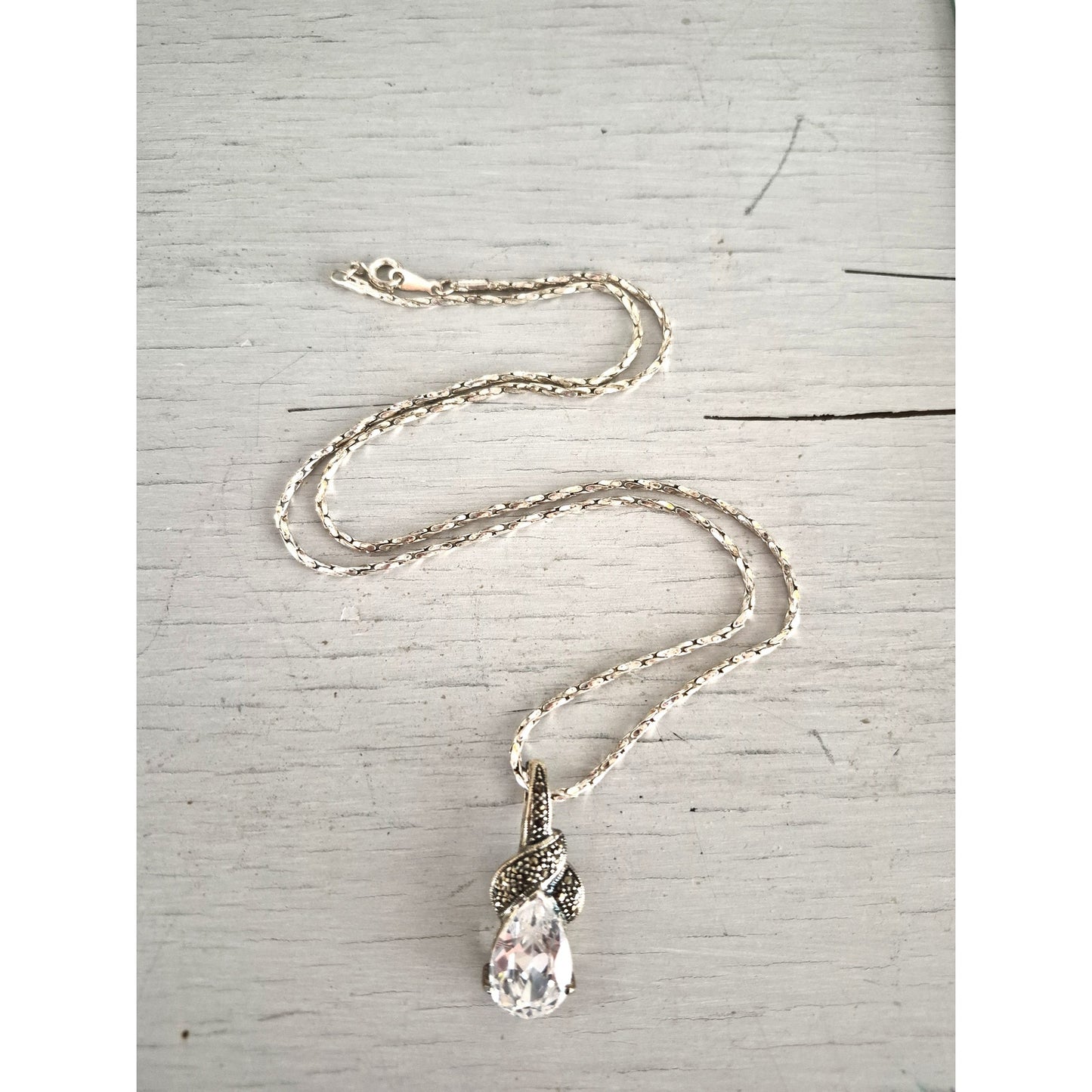 Sterling Silver Pear CZ Marcasite Pendant with Necklace