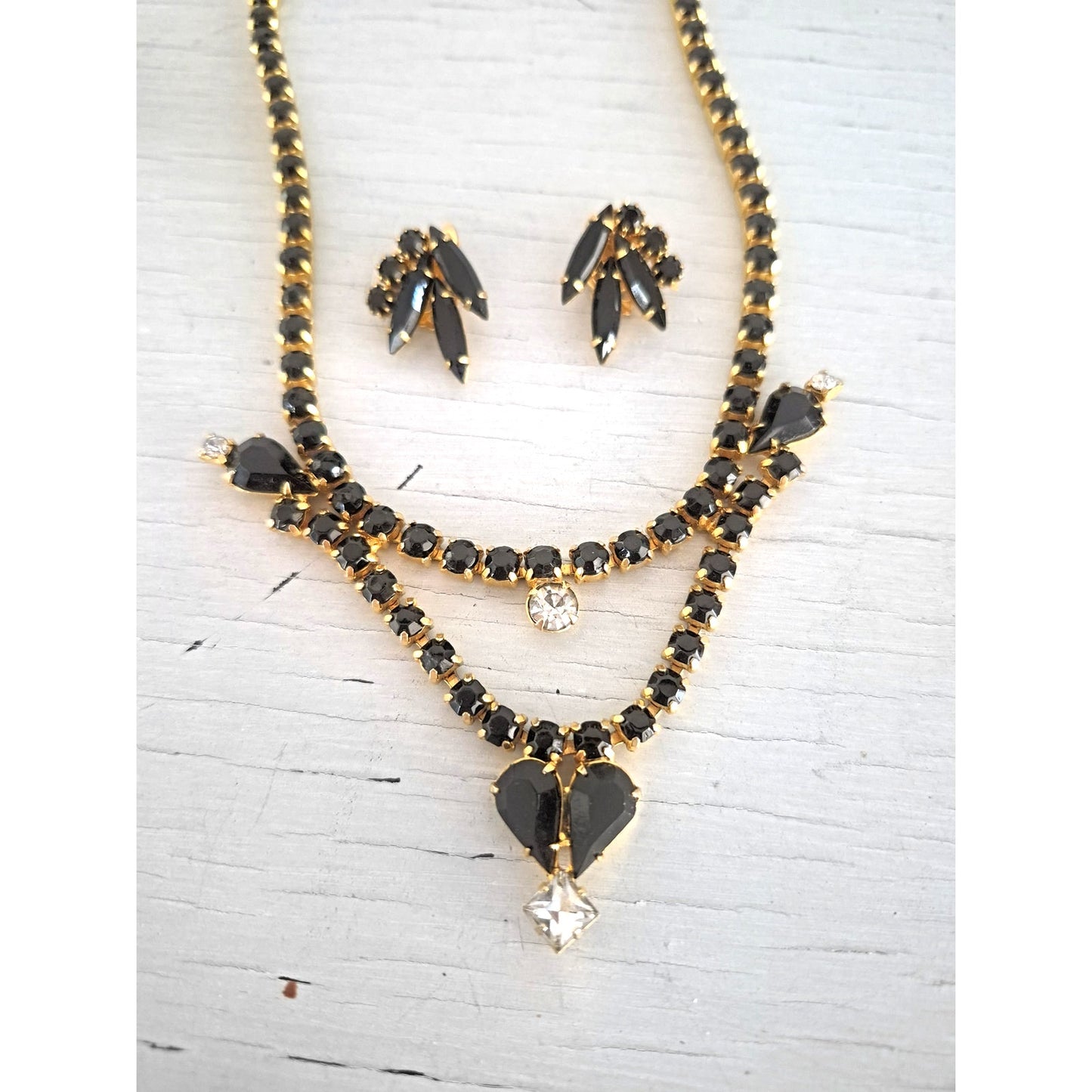 Vintage Black Rhinestone Goldtone Choker Necklace and Earring Set