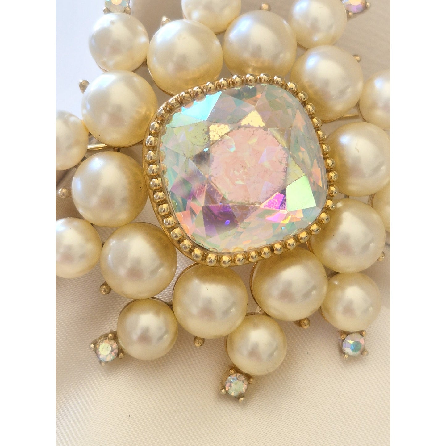 Vintage Large AB and Faux Pearl Brooch