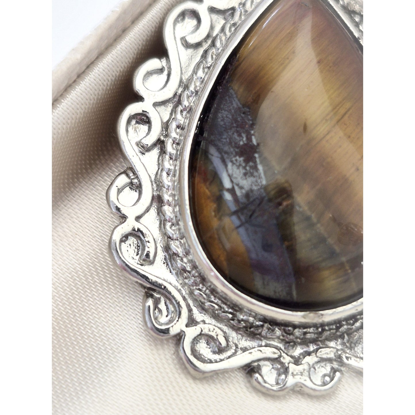 Vintage Large Silver-tone Pear Tiger-Eye Pendant