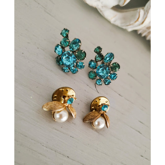 Vintage Pair of Blue and Gold Tone Clip On Earrings