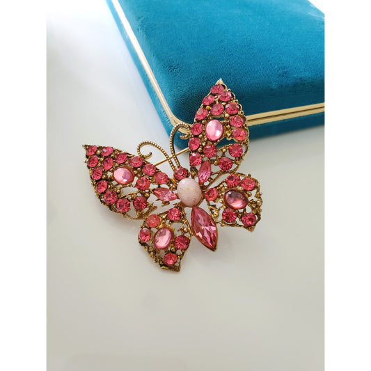 Vintage Pink Rhinestone and Gold Tone Butterfly Brooch