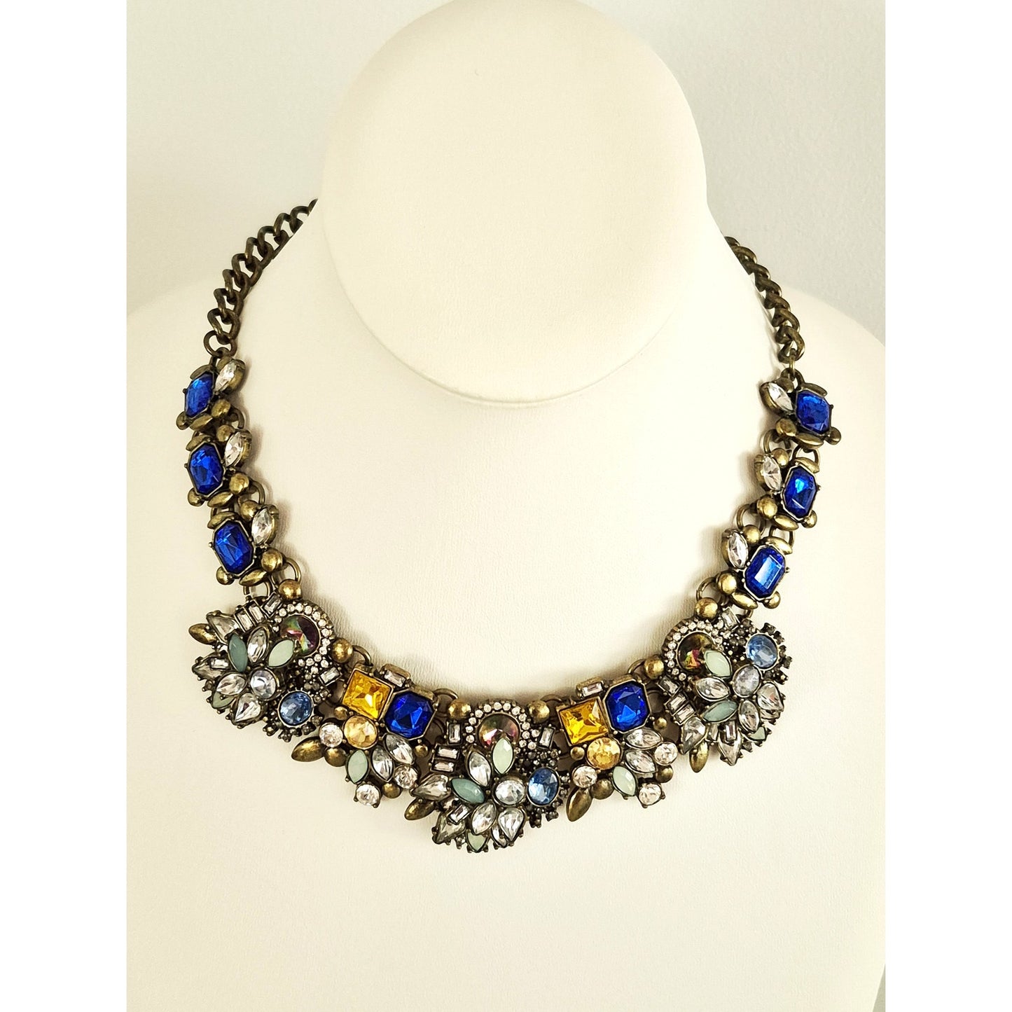 Vintage Blue White and Yellow Rhinestone Statement Necklace