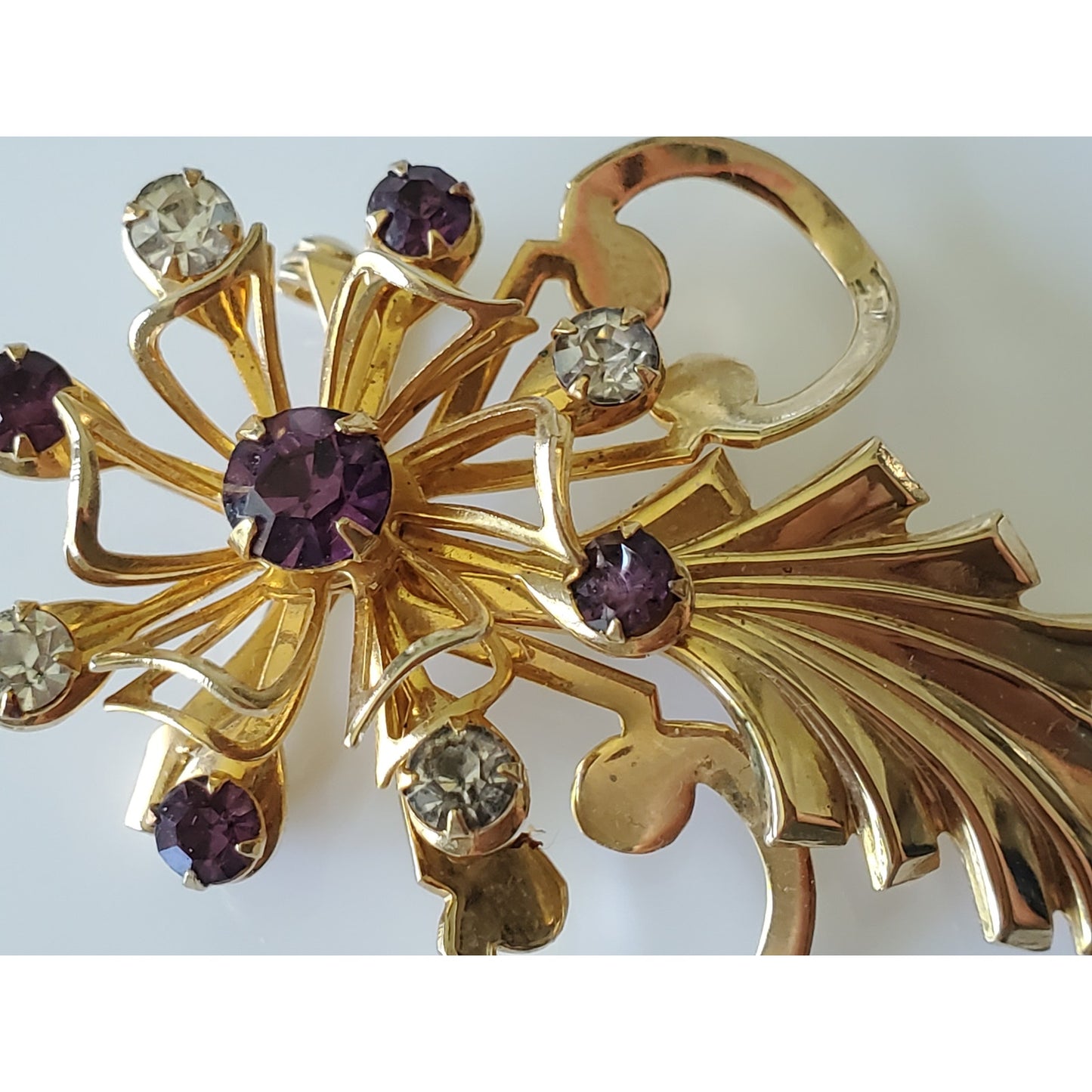 Vintage Gold Tone Dark Purple Stone Floral Brooch and Earring Set