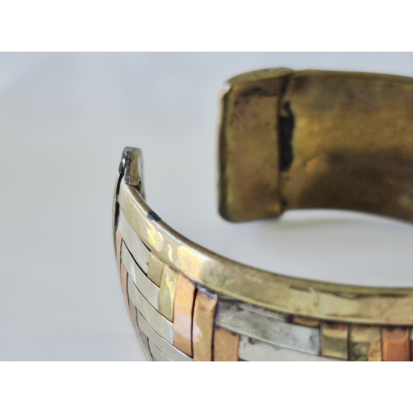 Vintage Brass Copper Sterling Silver Inter Woven Bangle Bracelet