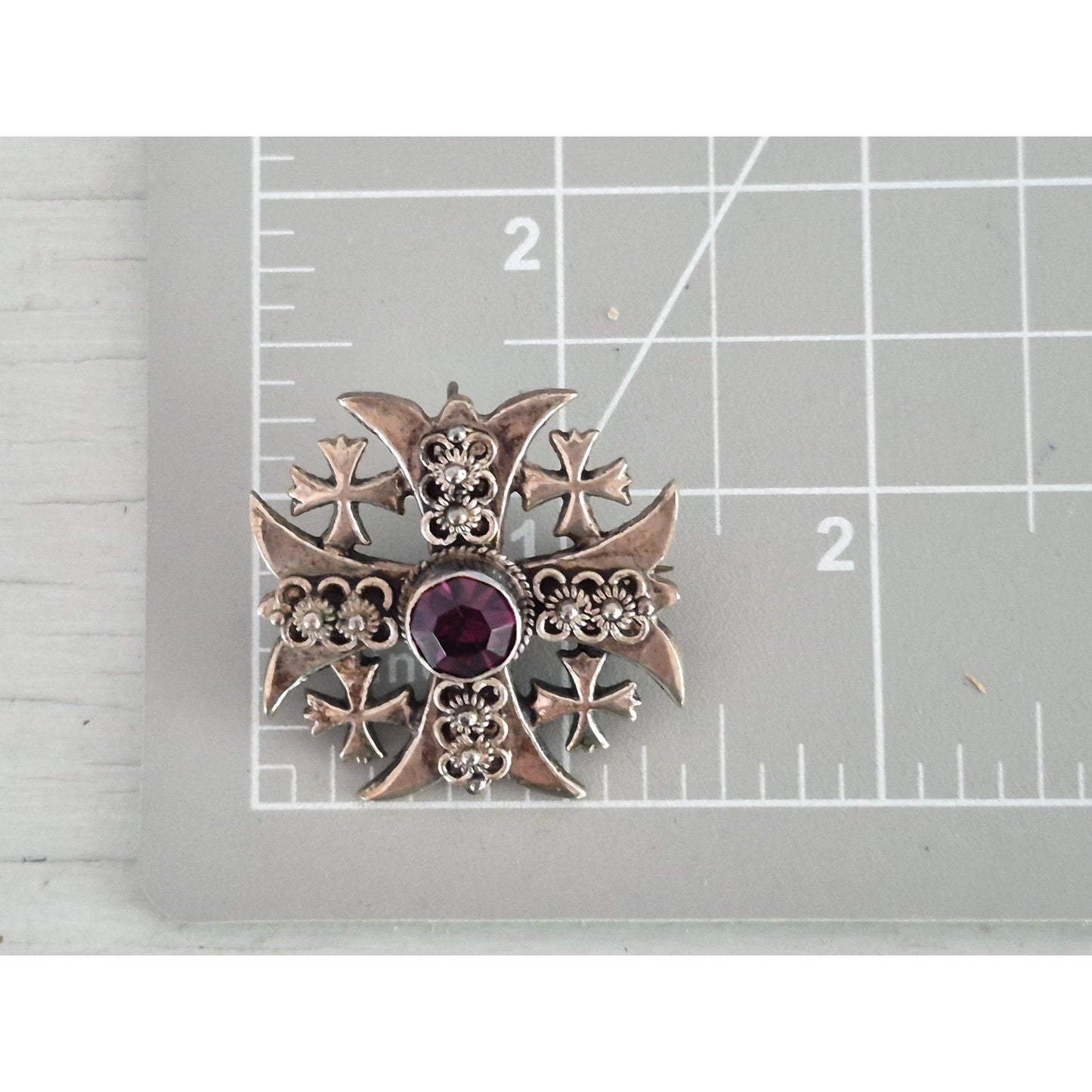 Vintage Silver Purple Stone Maltese Cross Brooch Pendant