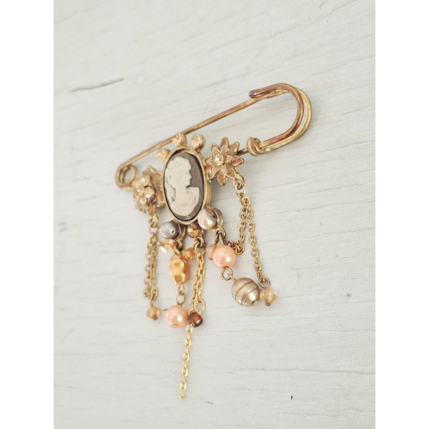 Vintage Style Cameo Faux Pearl Dangle Large Safety Pin Brooch