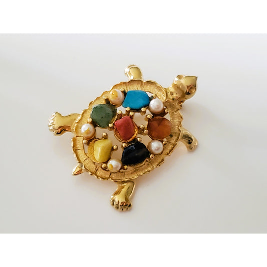 Vintage Gold Tone Sarah Coventry Multi Color Turtle Brooch