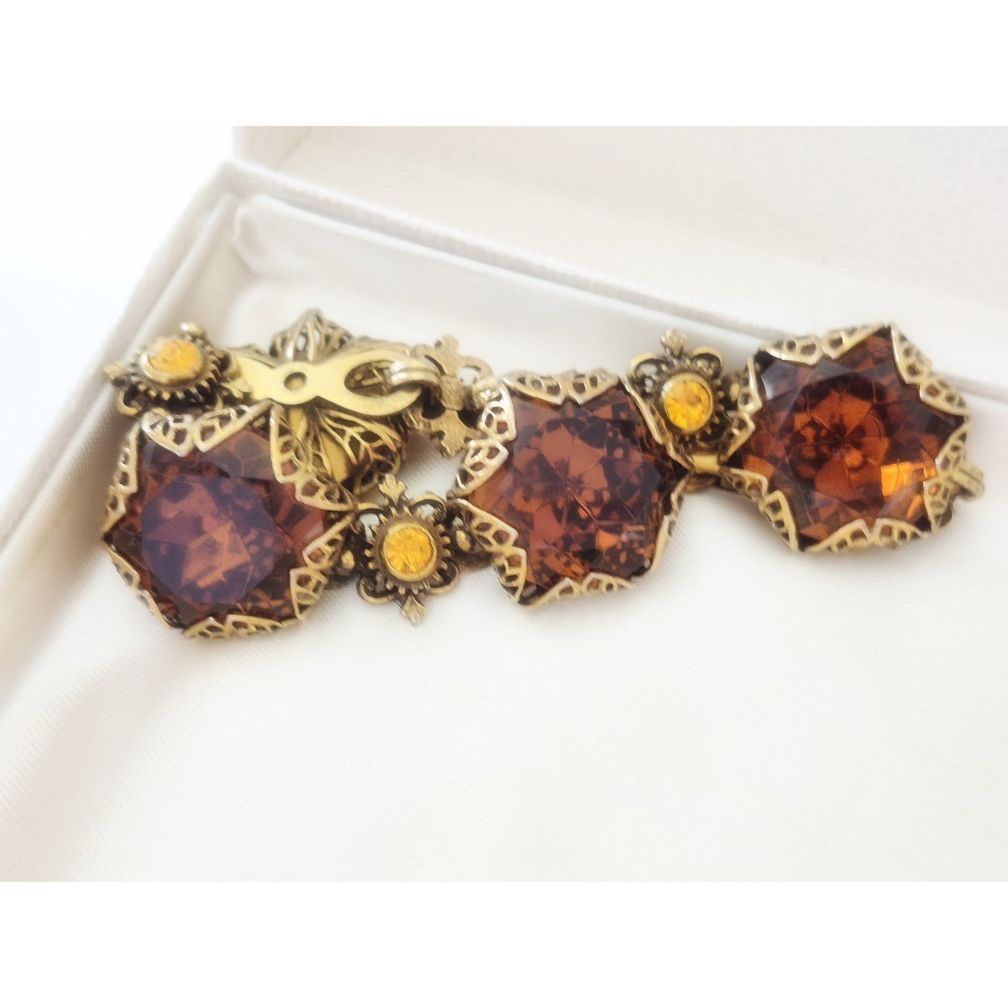Vintage Art Deco Checho Filigree Cognac Crystal Bracelet and Earring Set