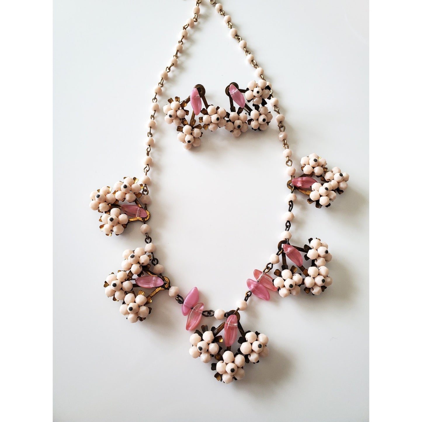 Vintage Light Pink Floral Necklace and Earring Set