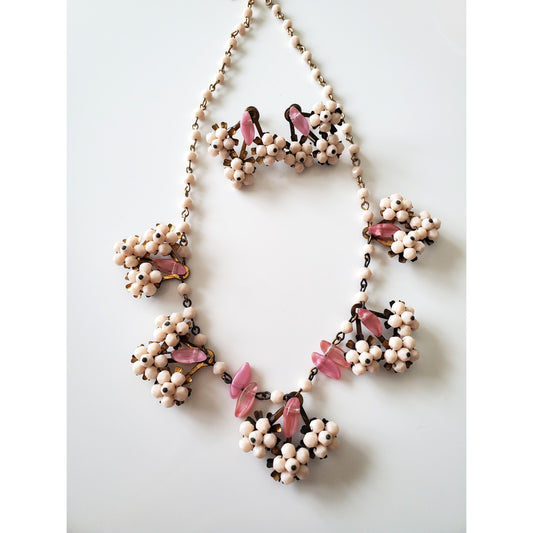 Vintage Light Pink Floral Necklace and Earring Set