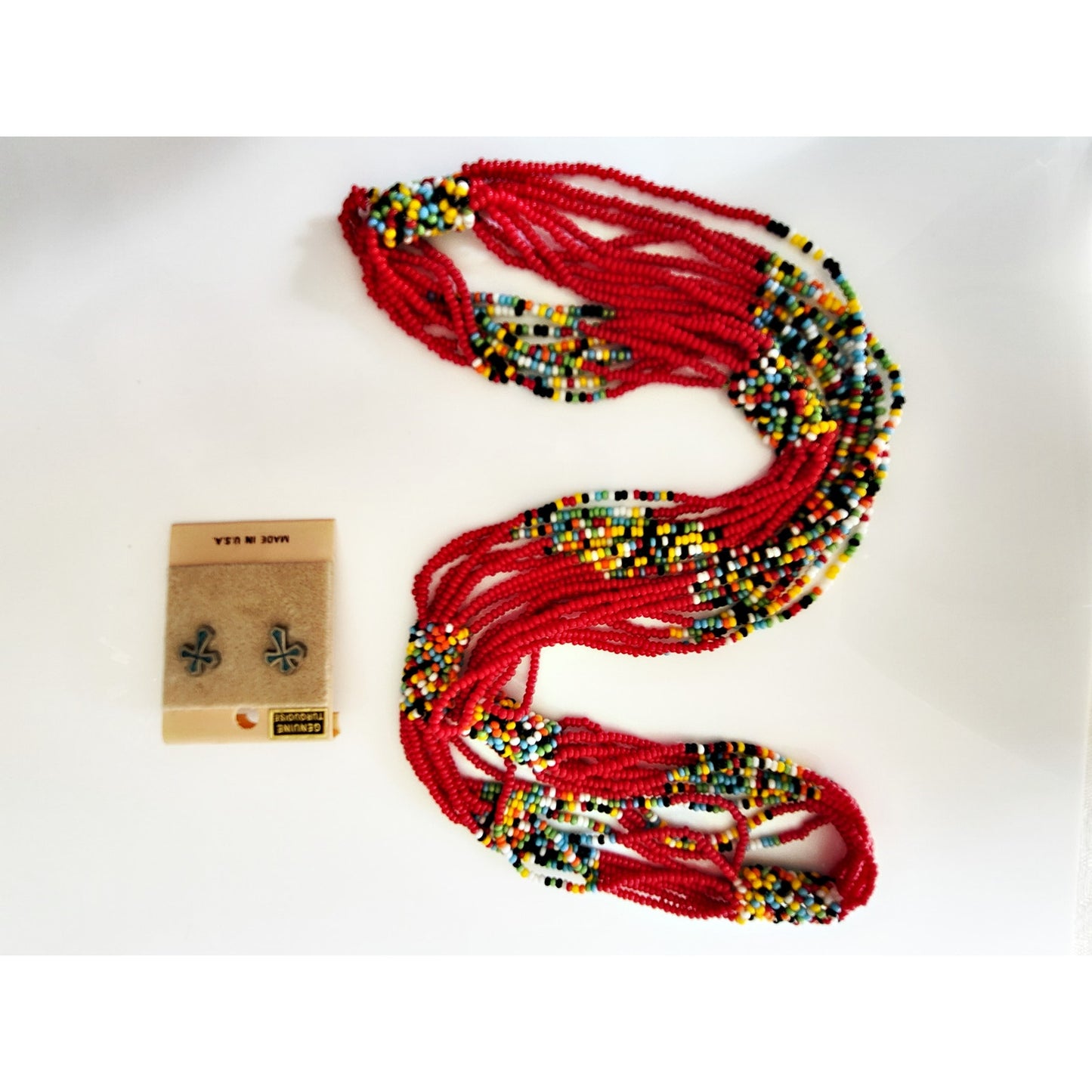 Red Multicolor Seed Bead Necklace & Crushed Turquoise Mini Cross Stud Earrings