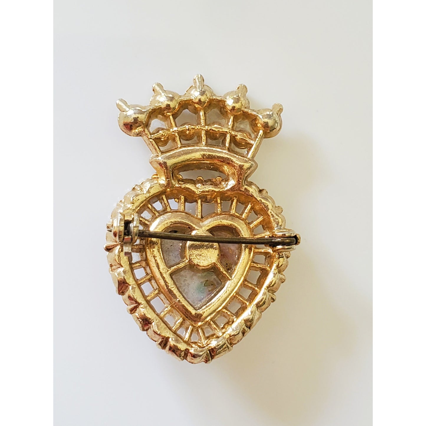 Vintage Glass Opal Crown Gold Tone Rhinestone Brooch