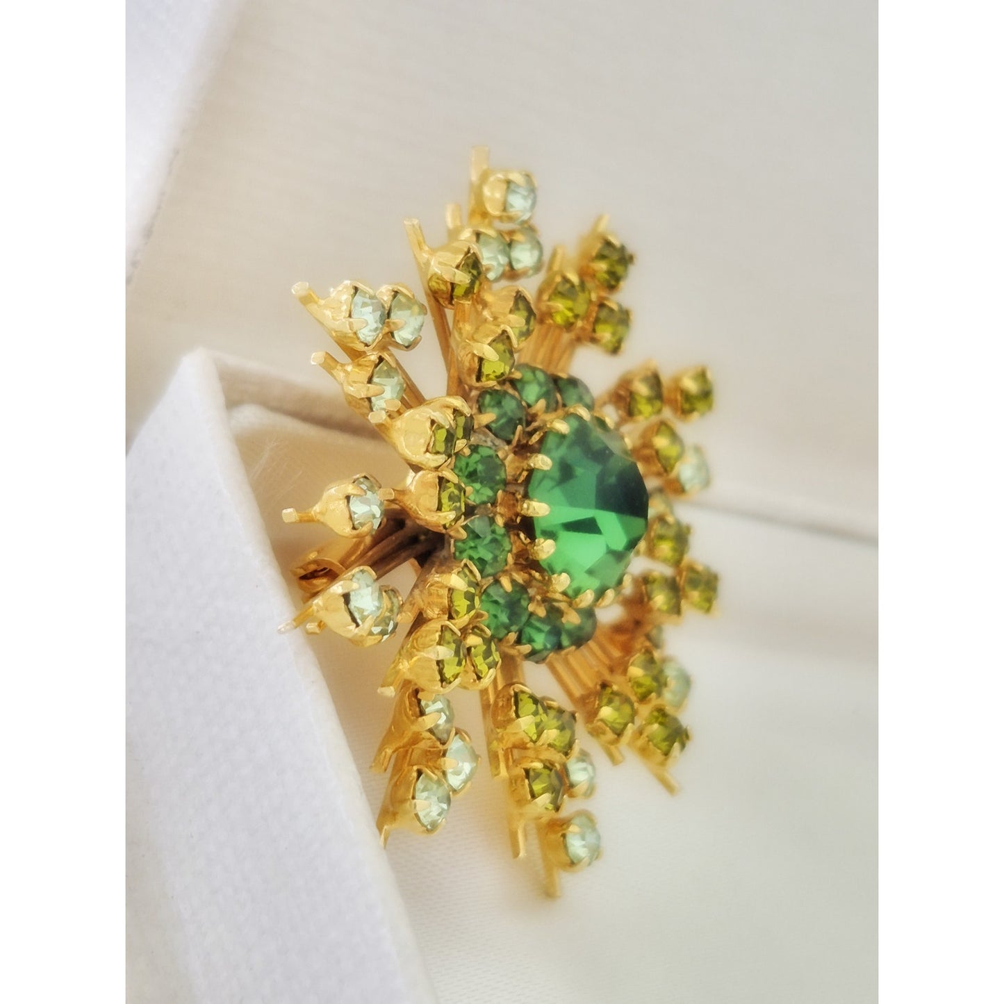 Vintage Mid-century Austria Green Ombre Crystal Rhinestone Starburst Brooch