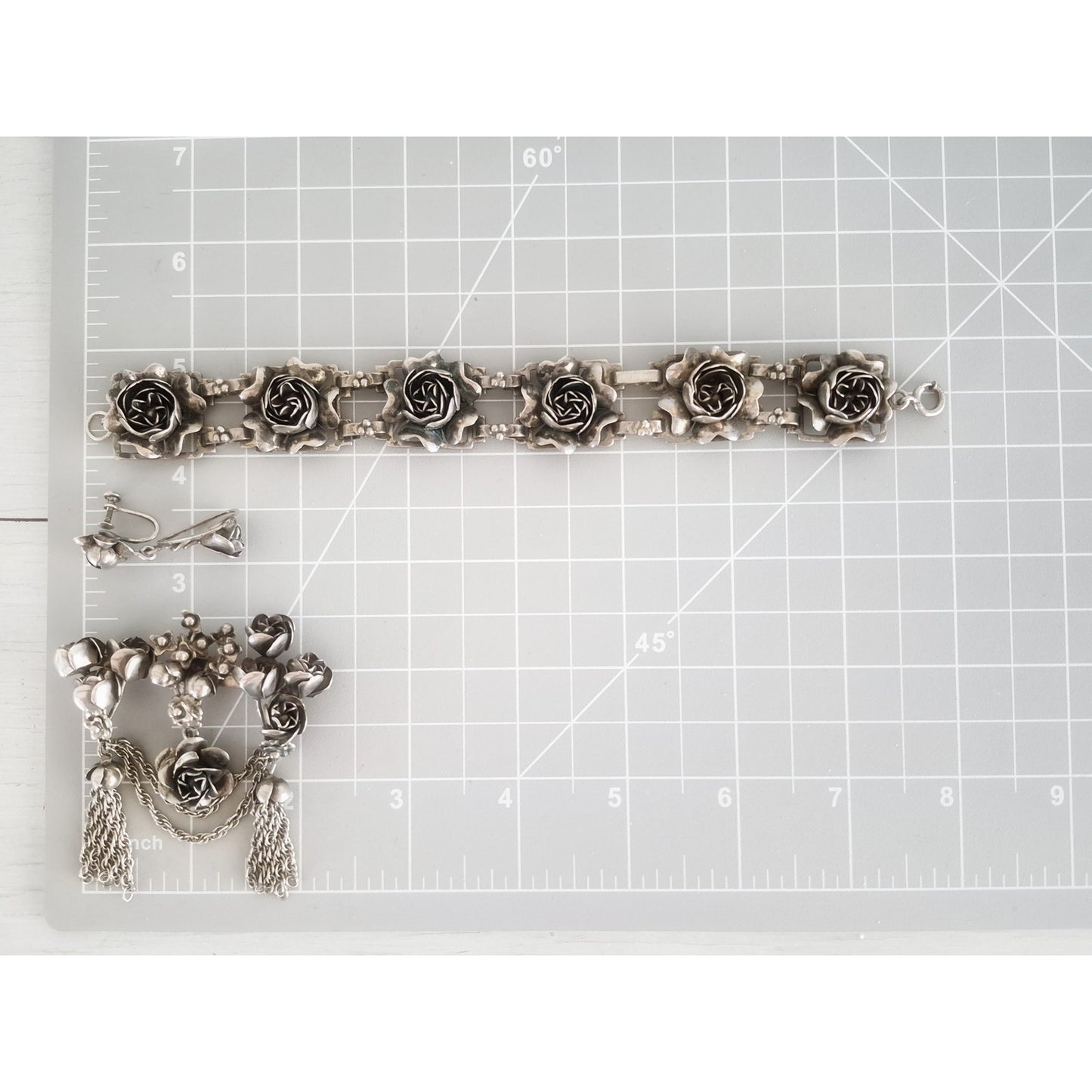 Vintage 1940s Sterling Hobe Rose Floral Bracelet Earring and Brooch Set
