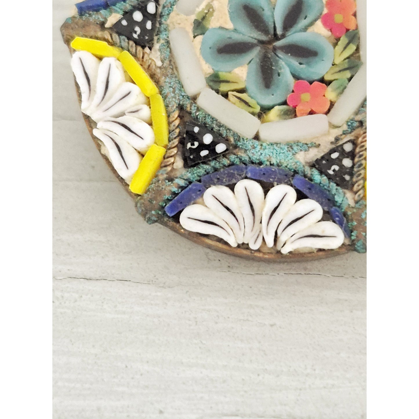Vintage Antique C-Clasp White and Blue Micro Mosaic Tile Brooch Pin
